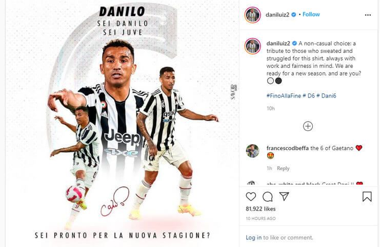 Danilo memberikan persembahan kepada Gaetano Scirea dengan memakai nomor 6 di Juventus.