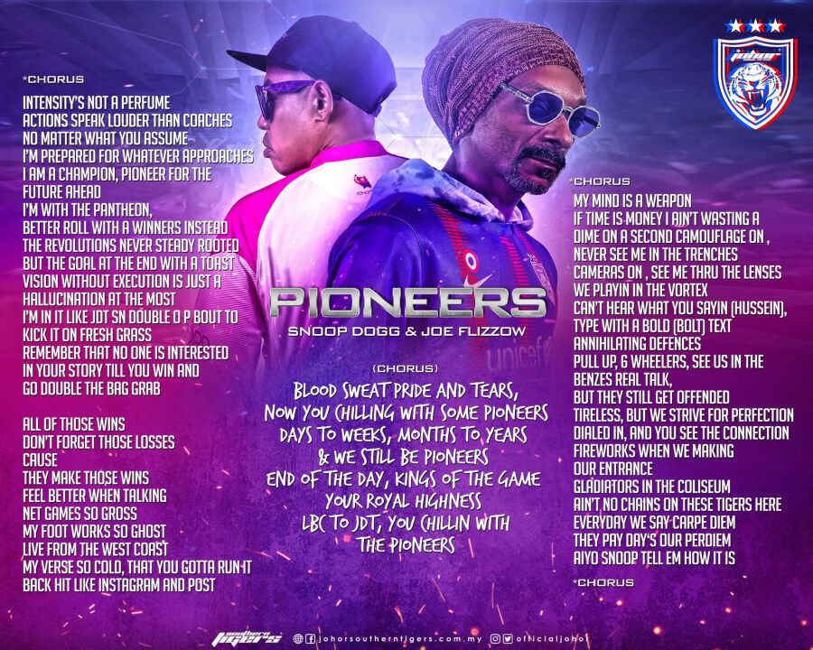 Lirik lagu resmi JDT yang dibawakan Snoop Dogg.