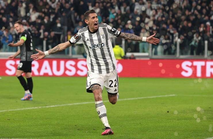 Angel Di Maria mencetak gol pada laga Juventus vs Freiburg.