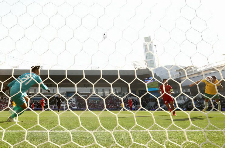 Martin Boyle mencetak gol ke gawang timnas Indonesia dengan tandukannya.