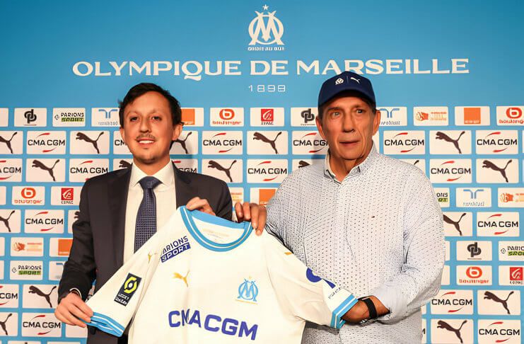 Jean-Louis Gasset saat diperkenalkan sebagai pelatih baru Olympique Marseille.