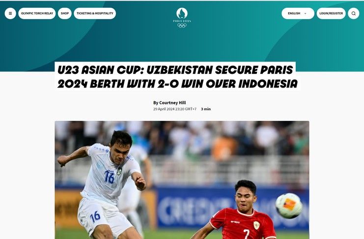 Laporan kemenangan timnas U-23 Uzbekistan di laman resmi olimpiade.